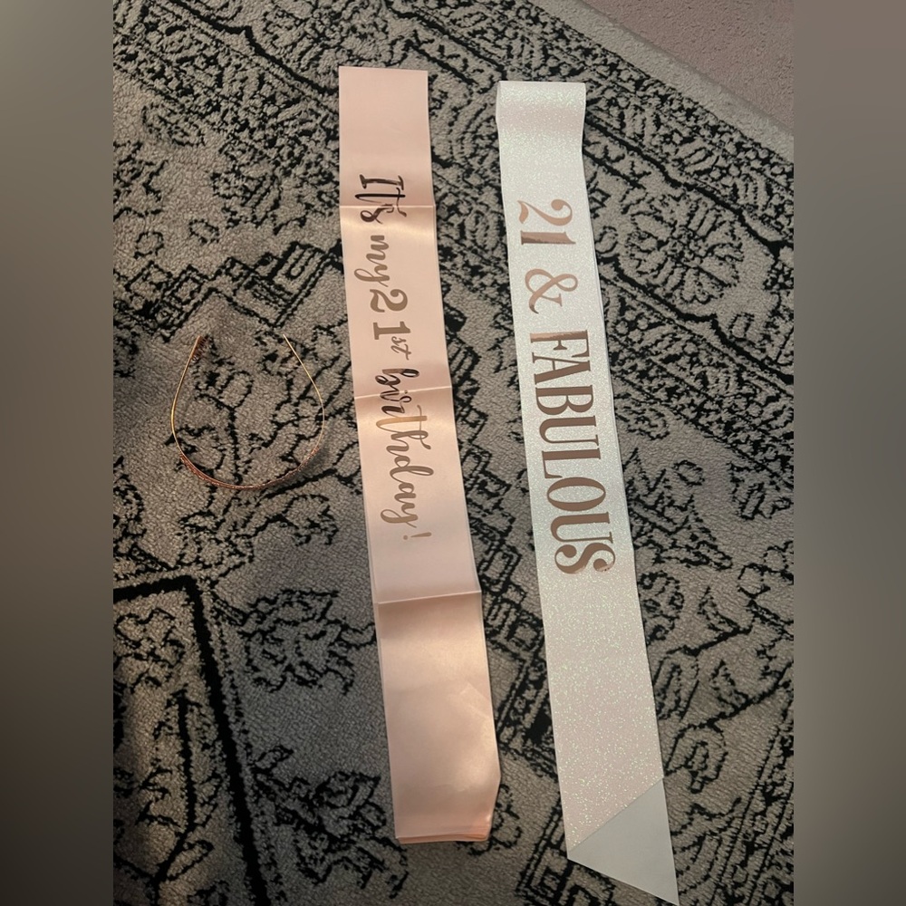 21st birthday sashes and tiara. Rose gold and white.